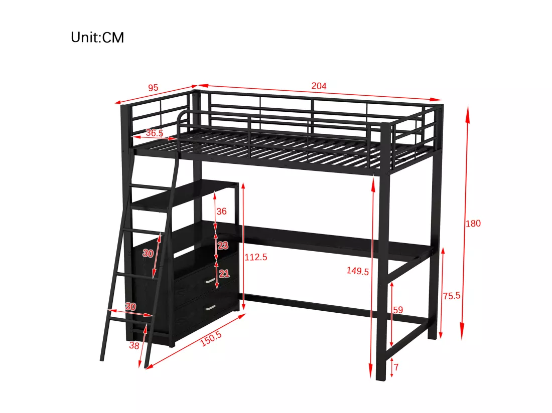 Lit mezzanine 90x200cm - bureau d'angle avec tiroirs - en MDF et métal - Noir