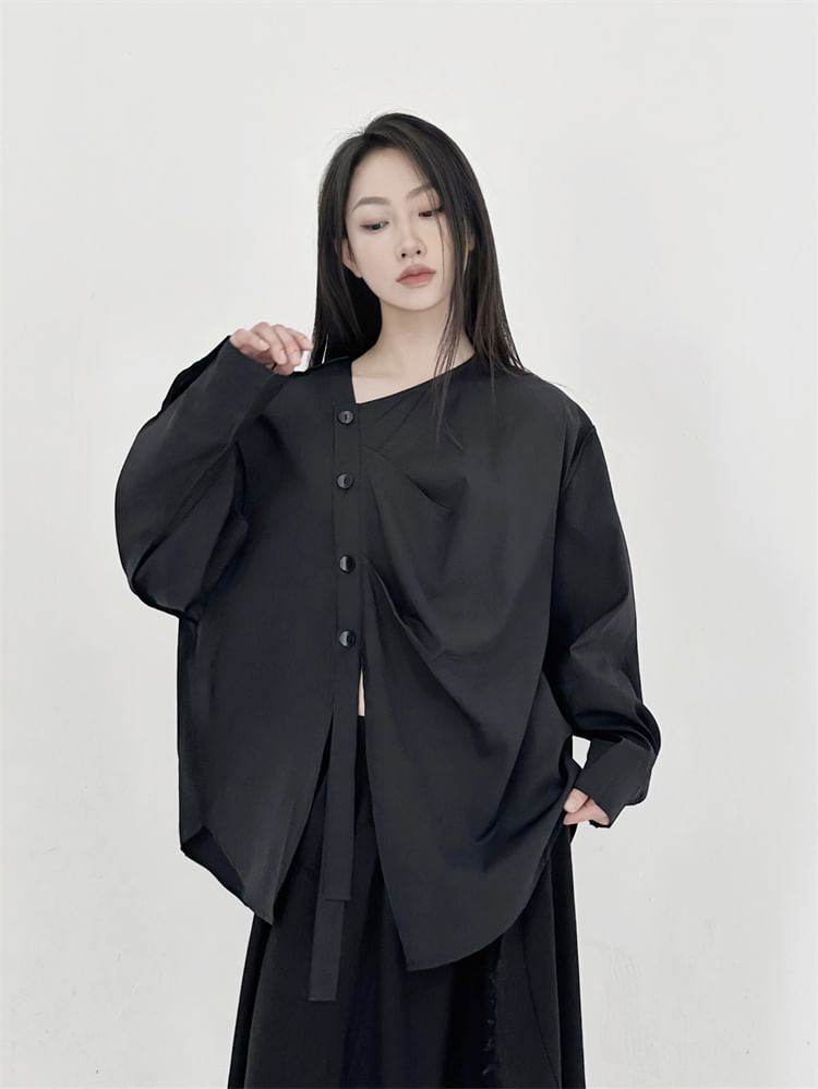 SIMPLE BLACK - Effen asymmetrische blouse