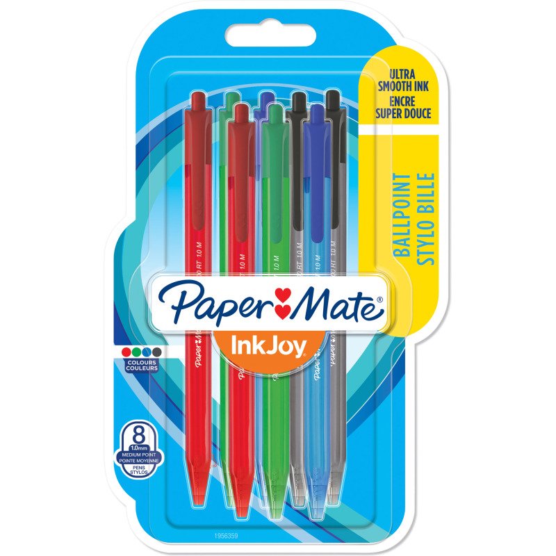 Stylo bille Paper Mate Inkjoy 100 rétractable écriture moyenne 1 mm - Pochette de 8