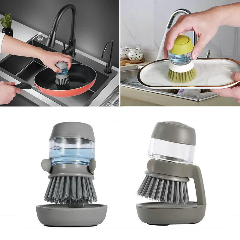 (100ml) 2in1 Abwasch Bürste mit Spülmittel Spender Seifen Dispenser Reinigungs Pinsel inkl. Halterung - Grau