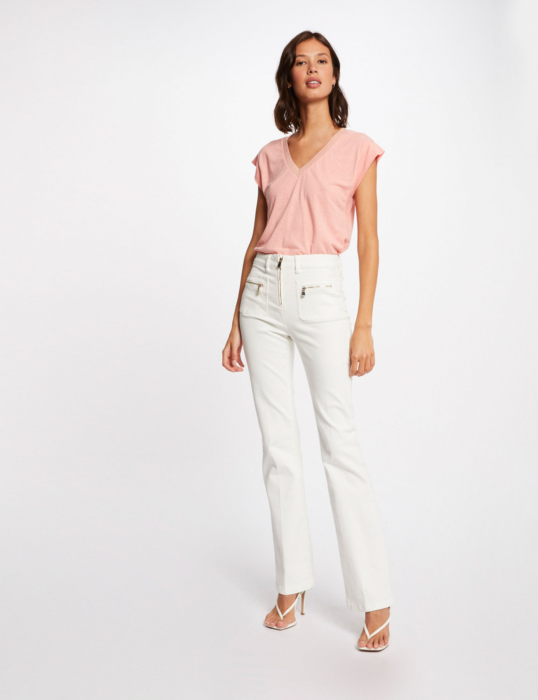 T-shirt manches courtes à col en V rose pale femme - rose_pale