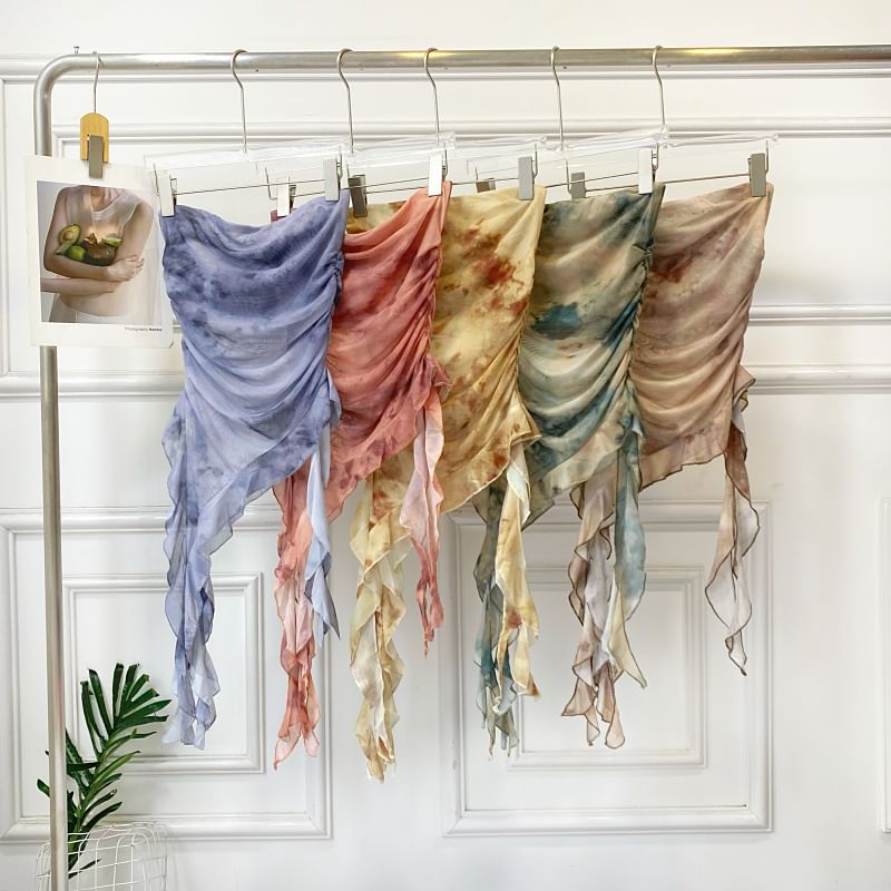 Iasia - Tie Dye geplooide asymmetrische mesh tubetop met ruches