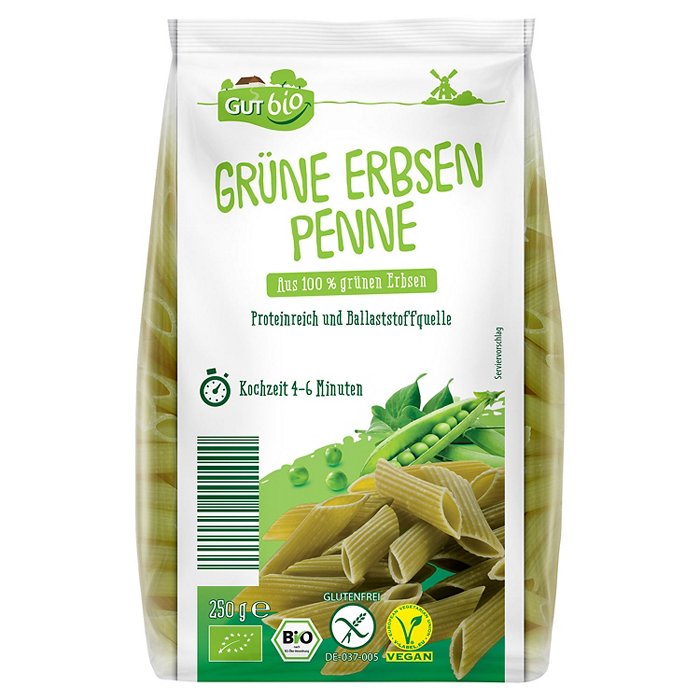 GUT BIO Bio-Gemüsepasta 250 g, Grüne Erbsen Penne