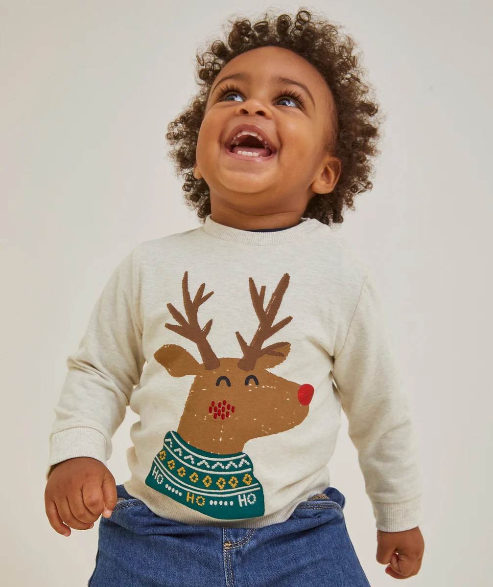T-SHIRT DE NOËL MANCHES LONGUES BÉBÉ GARÇON ÉCRU ET RENNE