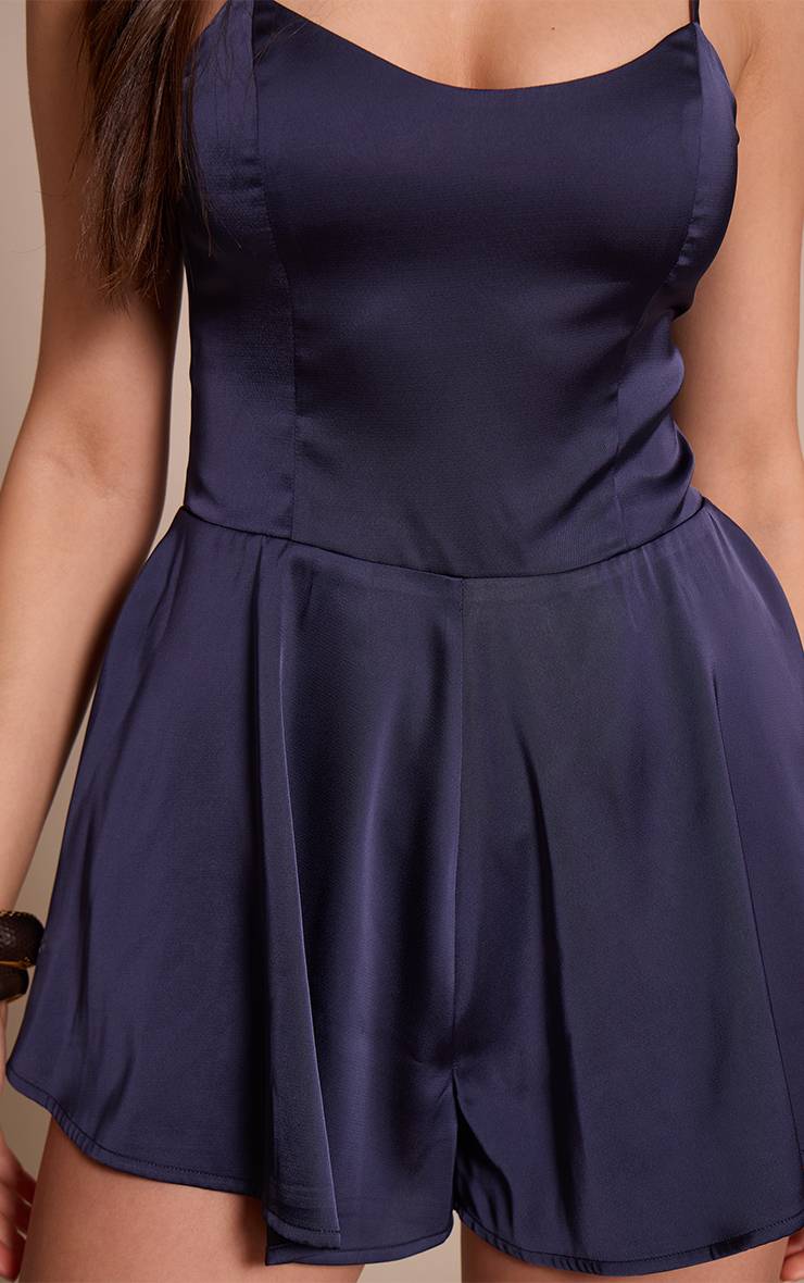 Bleu Marine Combi-short Satinée À Fines Bretelles