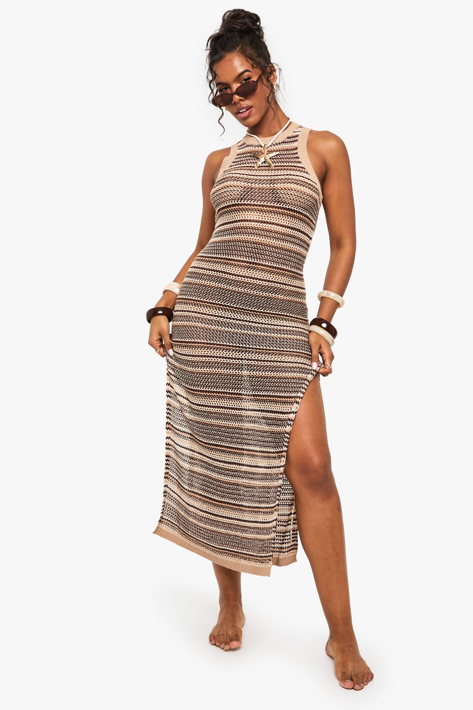 boohoo Robe Maxi de Plage en Crochet Rayée