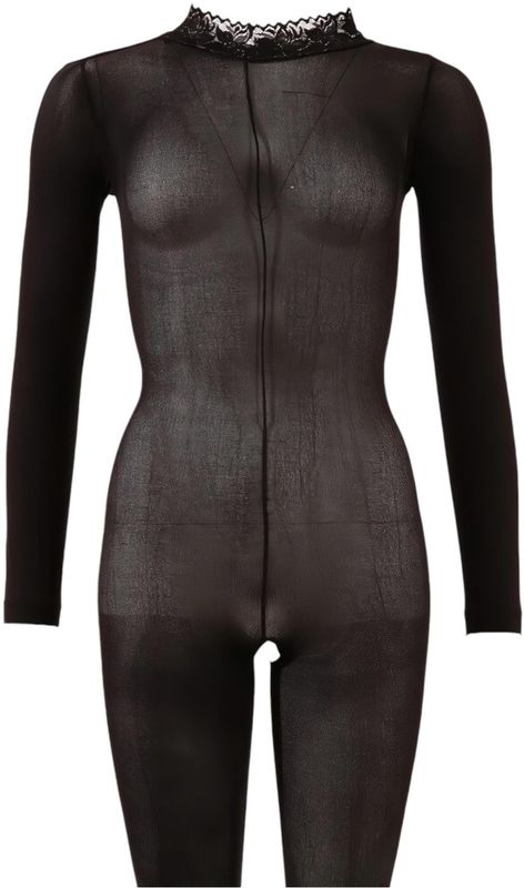 Mandy Mystery Lingerie –  Catsuit met Open Rug en Kruis met Kant Afgewerkt Kraag – Maat XL/2XL - Zwart