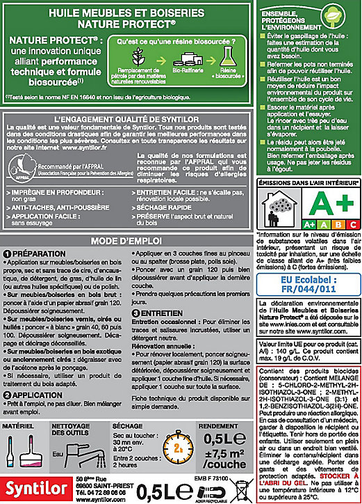 Huile meuble Nature Protect Syntilor biosourcée incolore 0,5L