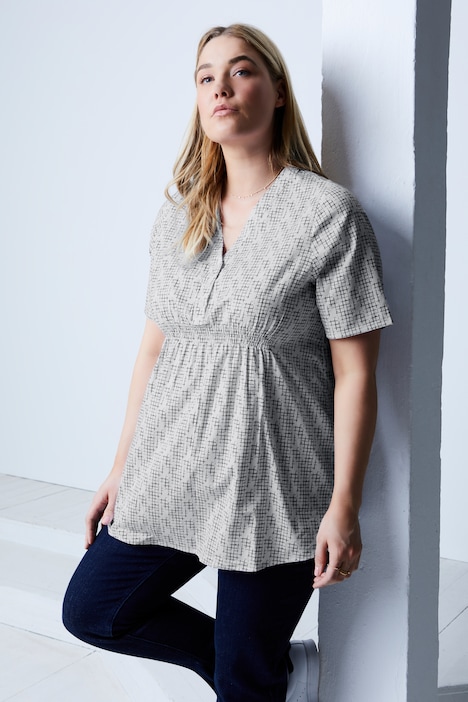 Bellieva-Bluse, Tunikaausschnitt, Knopfleiste, Halbarm, Biobaumwolle, GOTS
