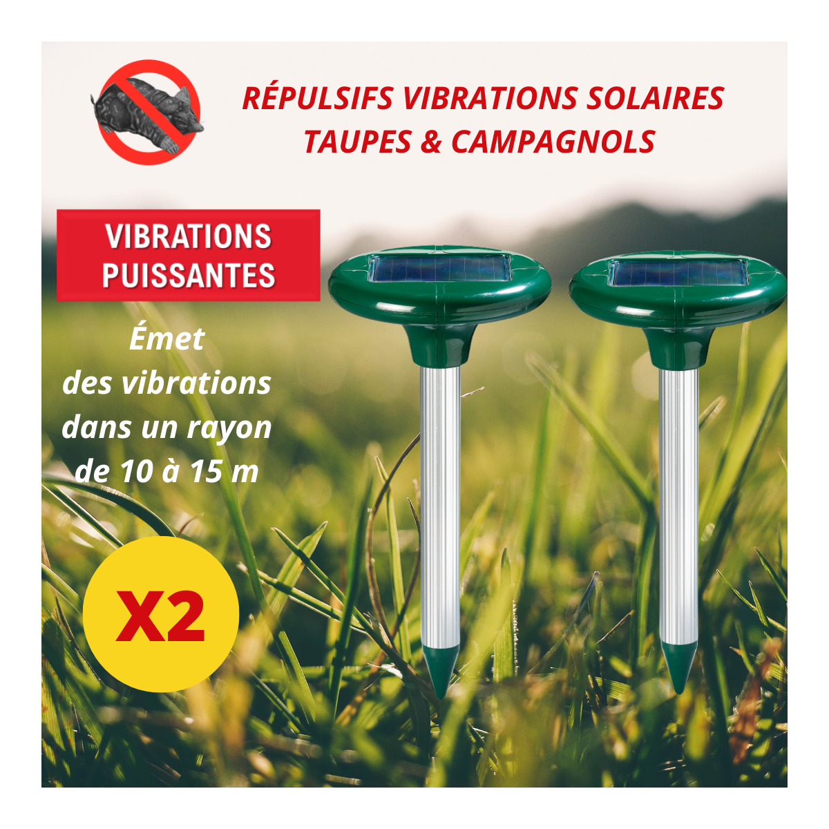 Répulsif taupes - campagnols terrestres - lot de 2 émetteurs couvrant jusqu'à 75