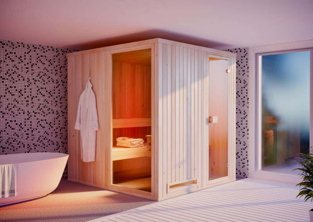 FinnTherm Miranda binnensauna met 2 houten banken, saunacabine met 40 mm wanddikte, stoomsauna inclusief montagemateriaal, natuurlijke afwerking, 1,9 x 1,4 m