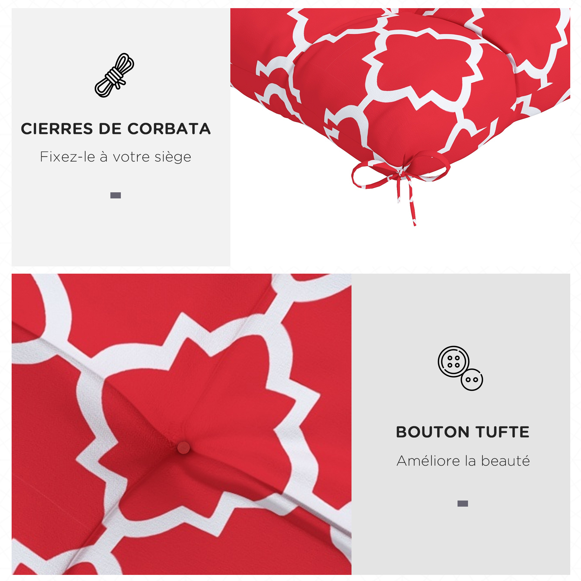 Conjunto de 4 almofadas para cadeiras de jantar Outsunny, 48x48x7 cm, impermeáveis e com proteção UV, para jardim, com 2 cordões de fixação, na cor vermelha.