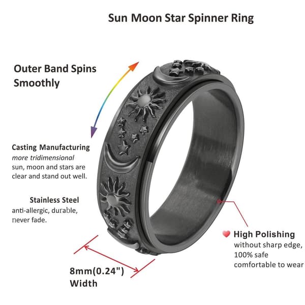INF Antistressring laget av rustfritt stål med sol og måne Sort 23 mm