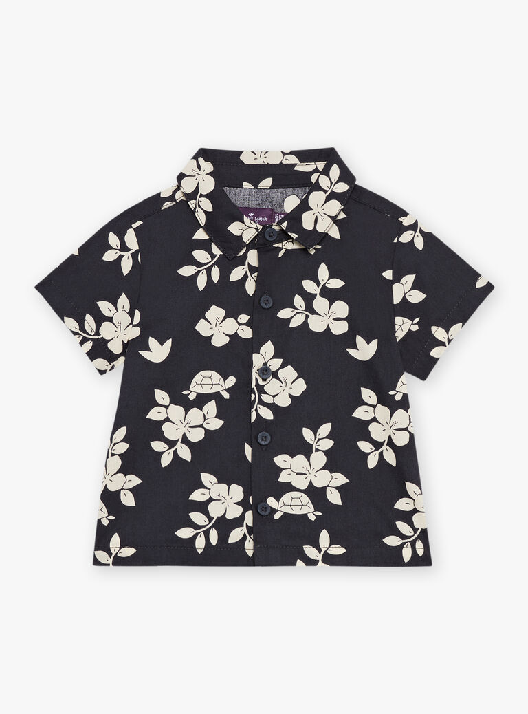 Chemise noir ardoise à imprimé feuilles et tortues