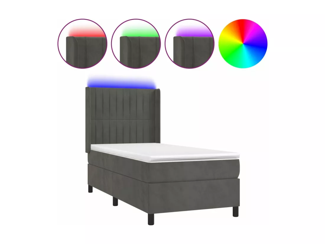 Sommier tapissier et matelas et LED Gris foncé 90x190cm Velours
