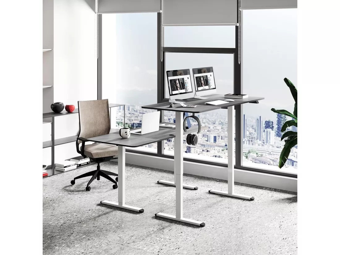 Bureau Assis Debout 70 x 140 cm, Bureau Électrique Réglable en Hauteur avec Mono-Moteur et Panneau à 2 Boutons, Table Réglable Hauteur, Support de Câble, Crochet (Gris Foncé)