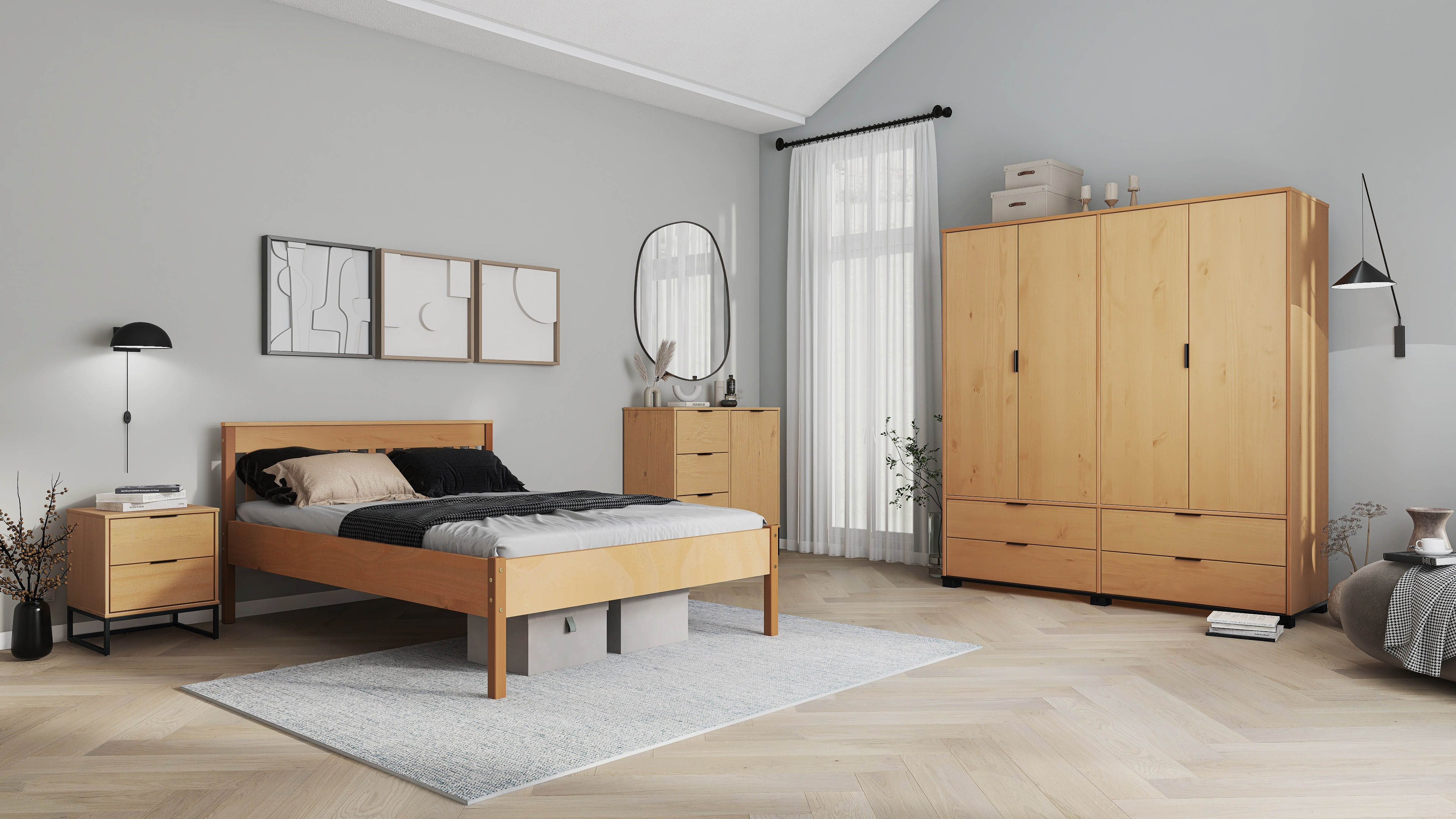 Inter Link Doppelbett Vivo 140x200 cm - Kiefer Massivholz - Inkl Lattenrost