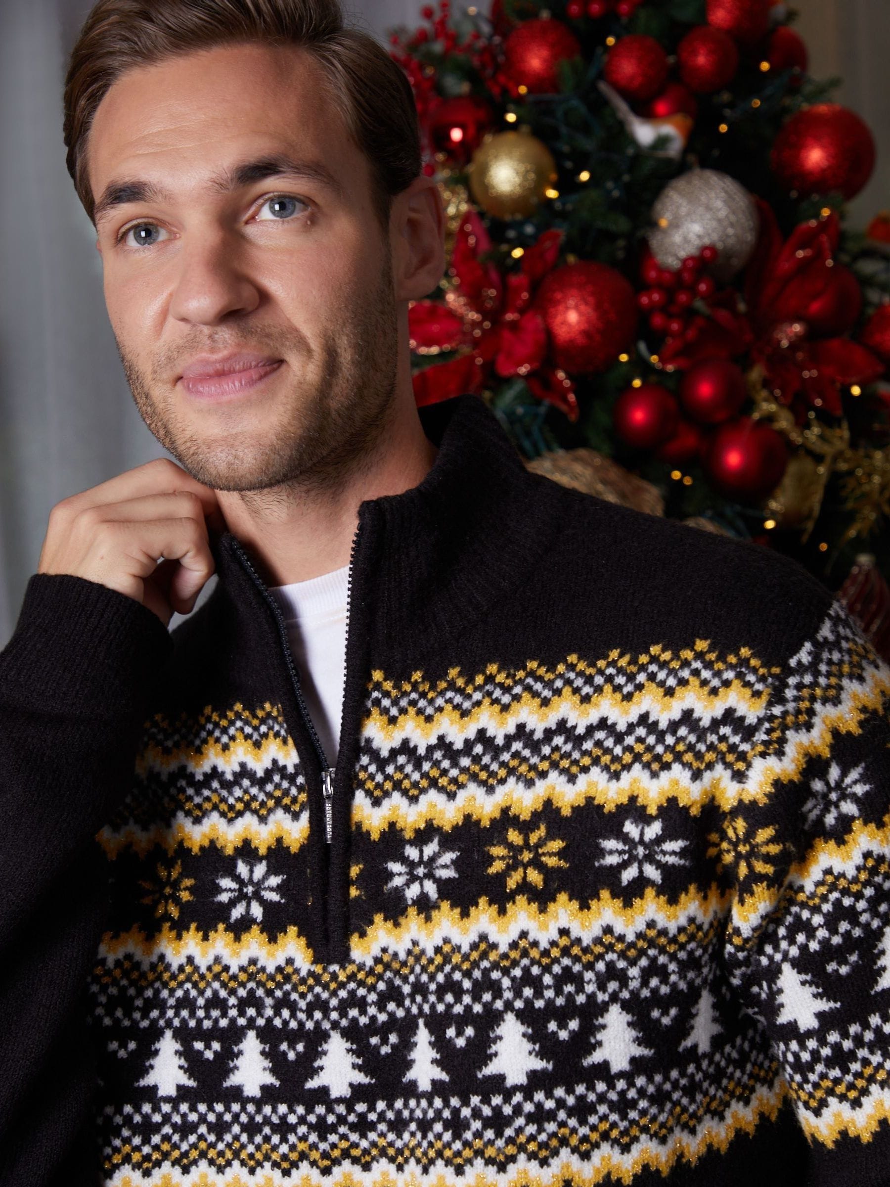 Threadbare Knitted Fairisle Christmas Quarter Zip Jumper