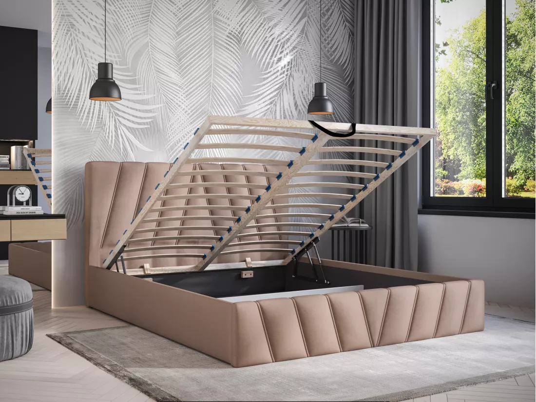 Lit coffre 160 x 200 cm - Velours - Beige + Matelas - LIDAMA de Pascal Morabito