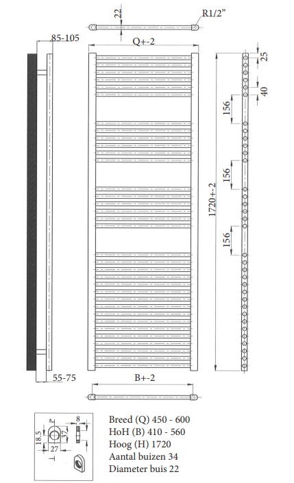 Sanicare design handdoekradiator 60x172cm gunmetal