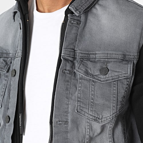 Veste Jean Capuche Gris Noir
