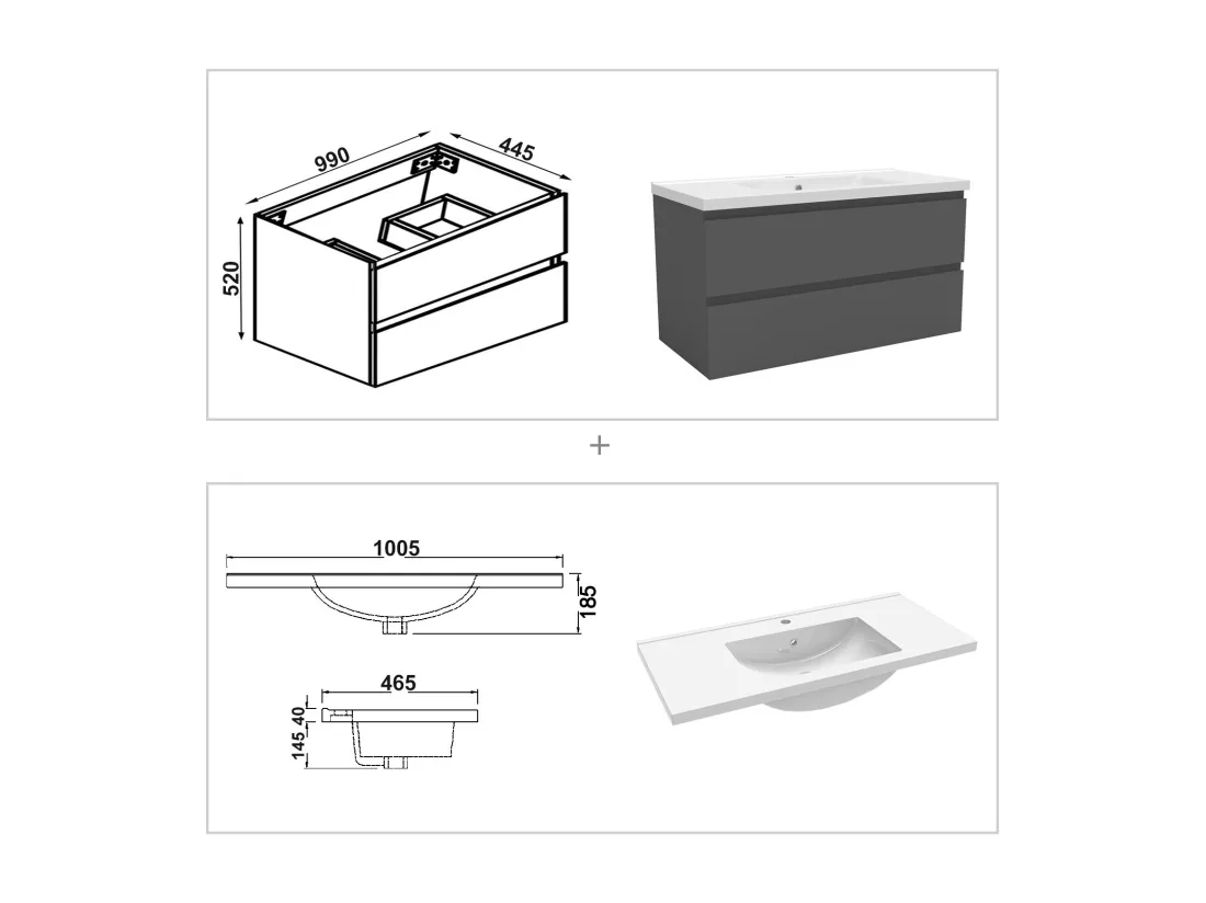 Meubles Salle de Bain 100cm avec colonne et miroir lumineux 3 couleurs Anthracite