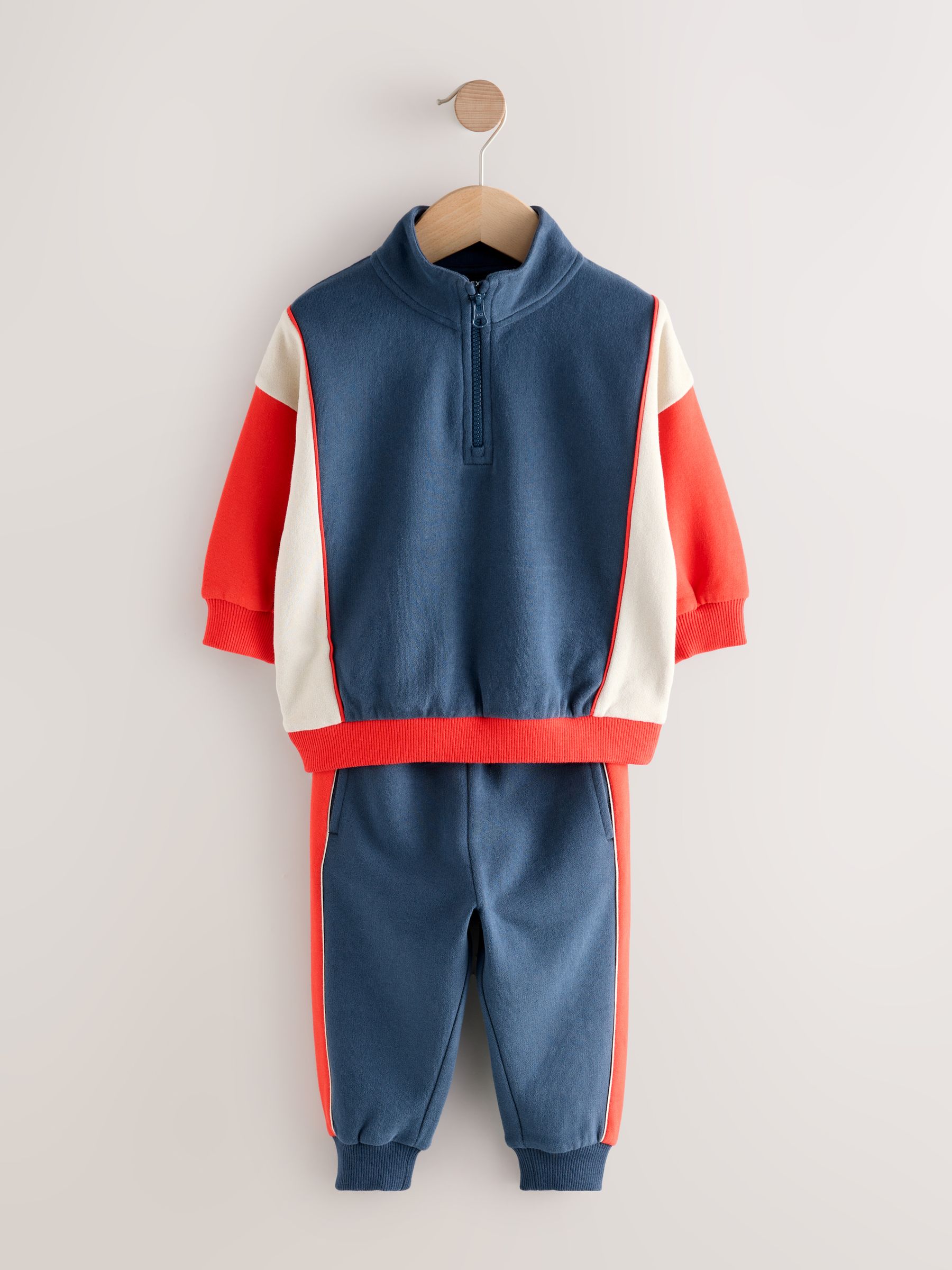 Rood/marineblauw - Set van top met halve rits en joggingbroek (3mnd-7jr)