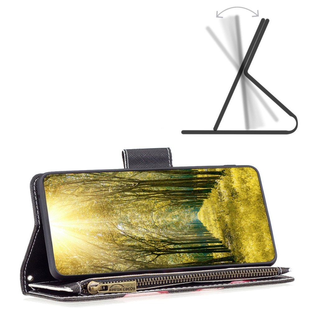 Samsung Galaxy S23 Ultra 5G Leder Wallet Etui Tasche mit 9 Kartenfächern   Münzfach - Pinke Blumen