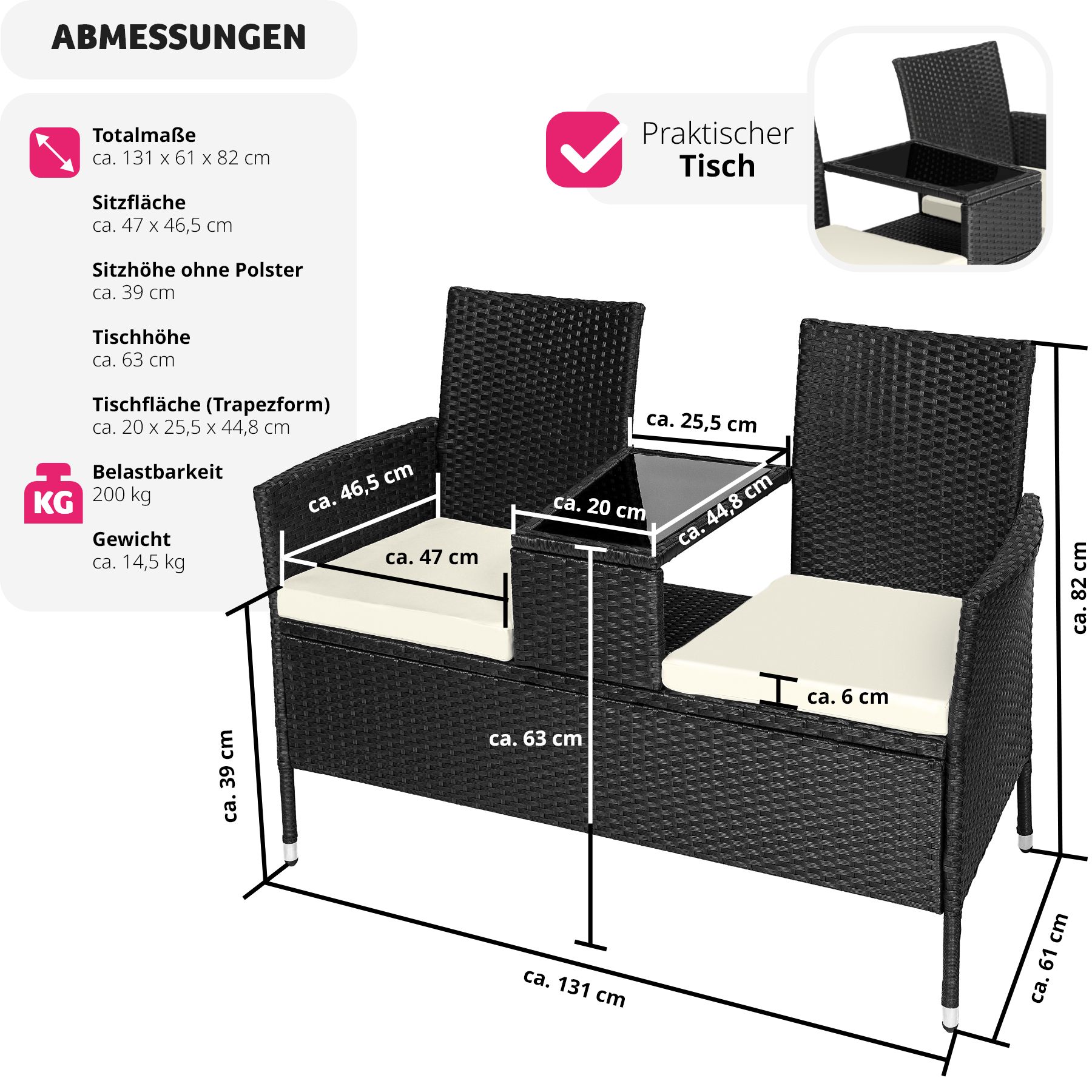 tectake® Rattan Gartensitzbank, 2-Sitzer, UV-beständig, 131 x 59 x 82 cm