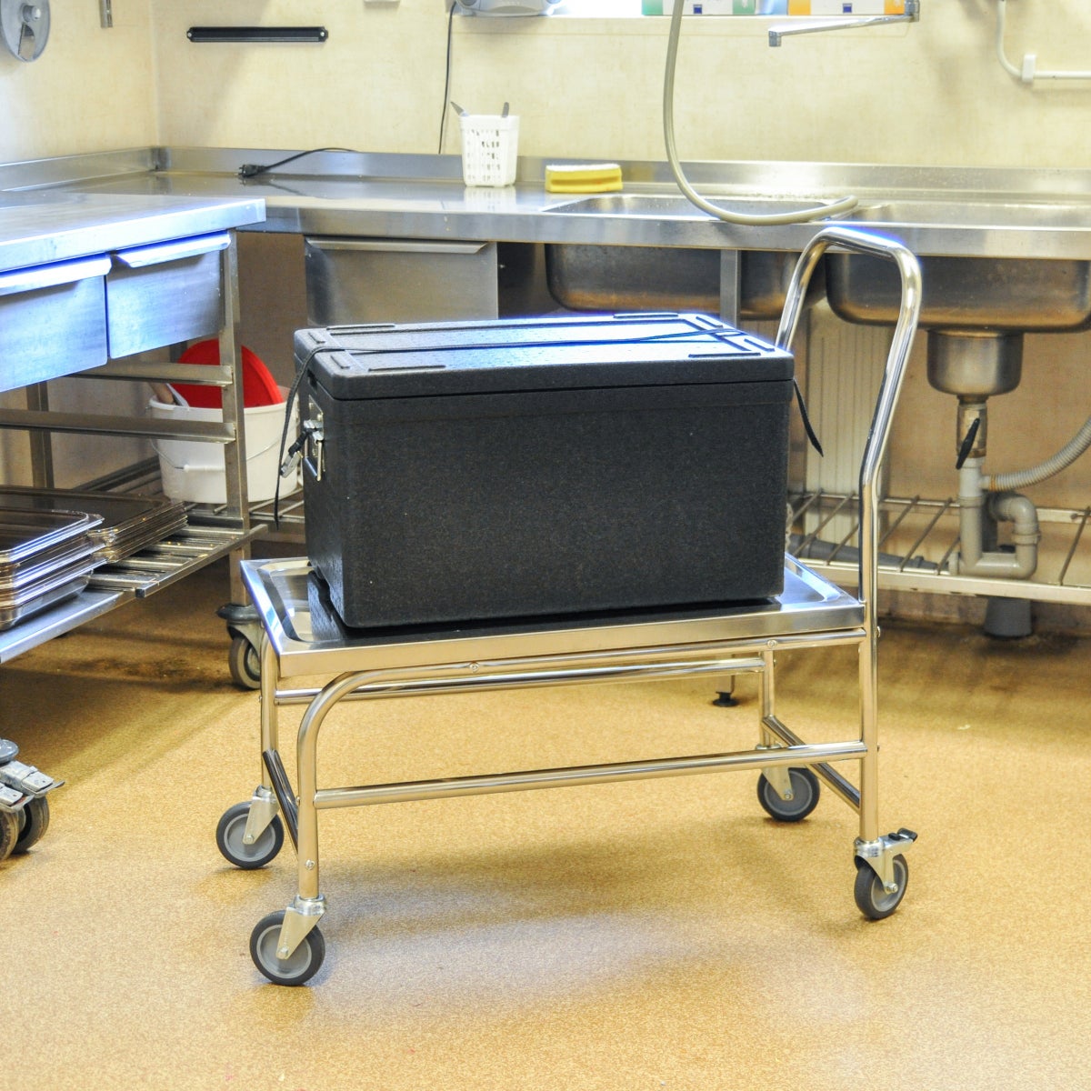 Kongamek roestvrijstalen platformwagen met duwbeugel en rem, laadvlak 760x440mm, rubberen banden