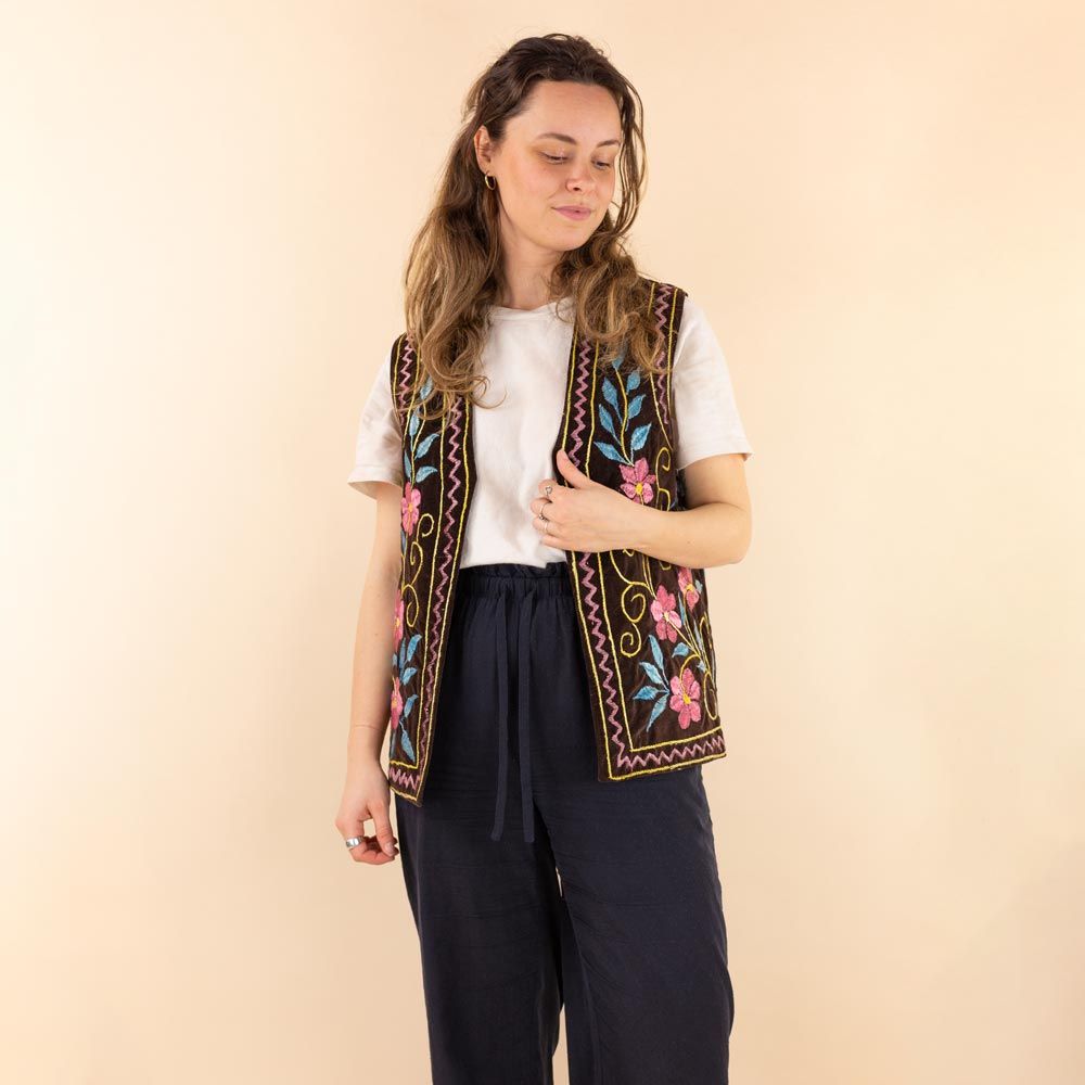 Moonrise Afghan velvet gilet Rahela donkerbruin floral