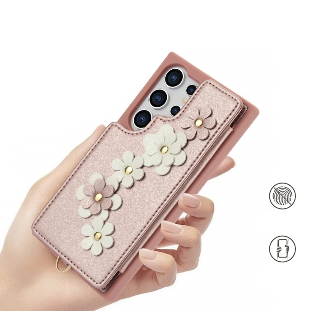 Samsung Galaxy S25 Ultra Necklace Leder Schutz Hülle mit Kartenfächer Blumen   Handykette (140cm) - Roségold