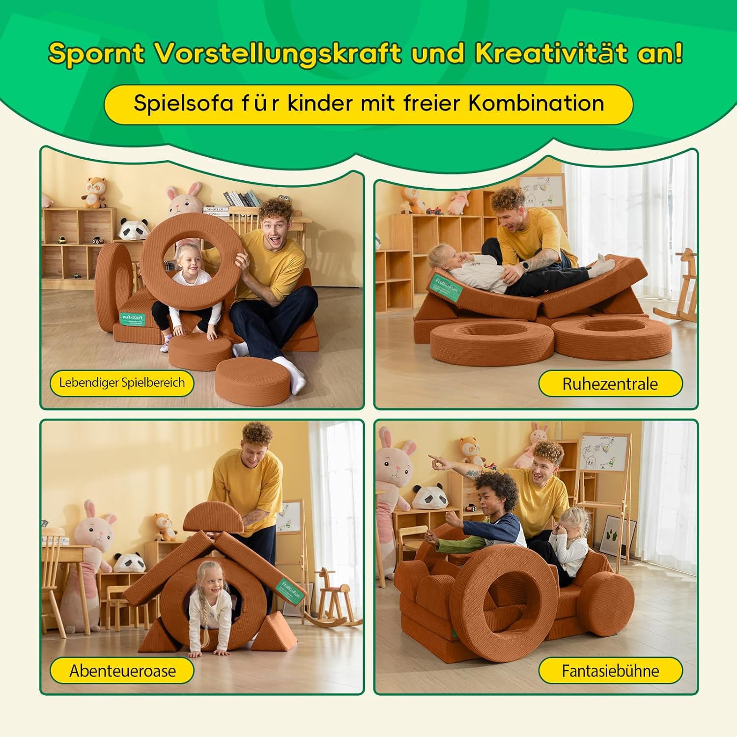 Frolic & Fun 16-Teiliges Modulares Kindersofa – Weiches Spielsofa aus Schaumstoff, Vielseitige Kindercouch mit Schlaffunktion, Kuschelecke zum Spielen, Entspannen und Schlafen im Kinderzimmer