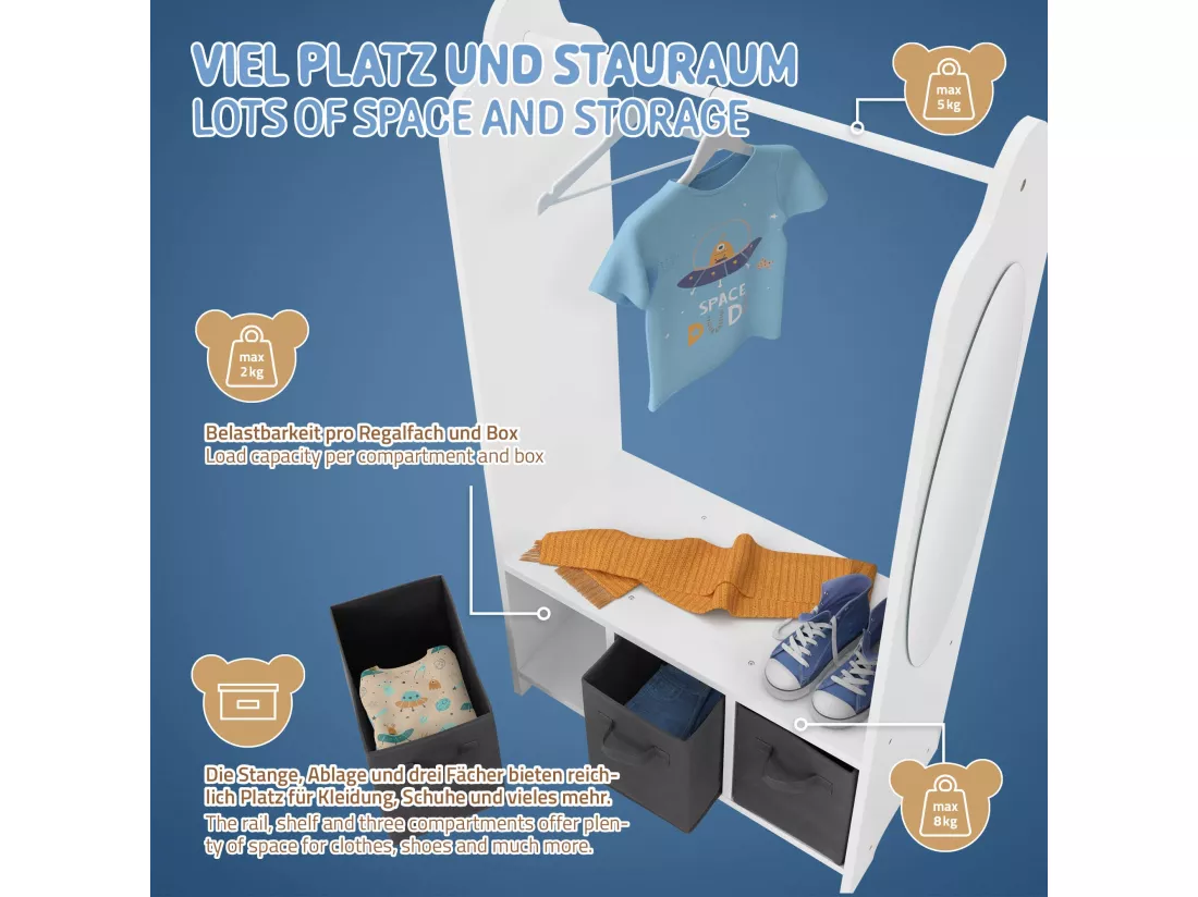 Joyz Portemanteau pour enfants avec étagère tringle 3 compartiments et miroir