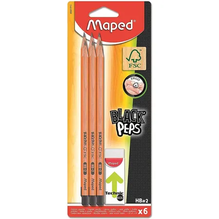 Maped - ergonomische Drei-Kant-Bleistifte BLACK'PEPS HB x6 aus FSC-zertifiziertem Holz + Radierer
