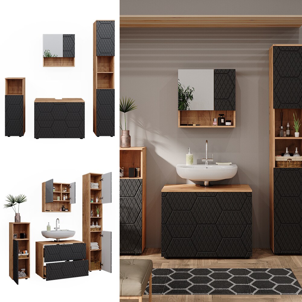 Vicco Badmöbel-Set Irma Eiche Anthrazit 4-teilig Hochschrank Midischrank 95 cm