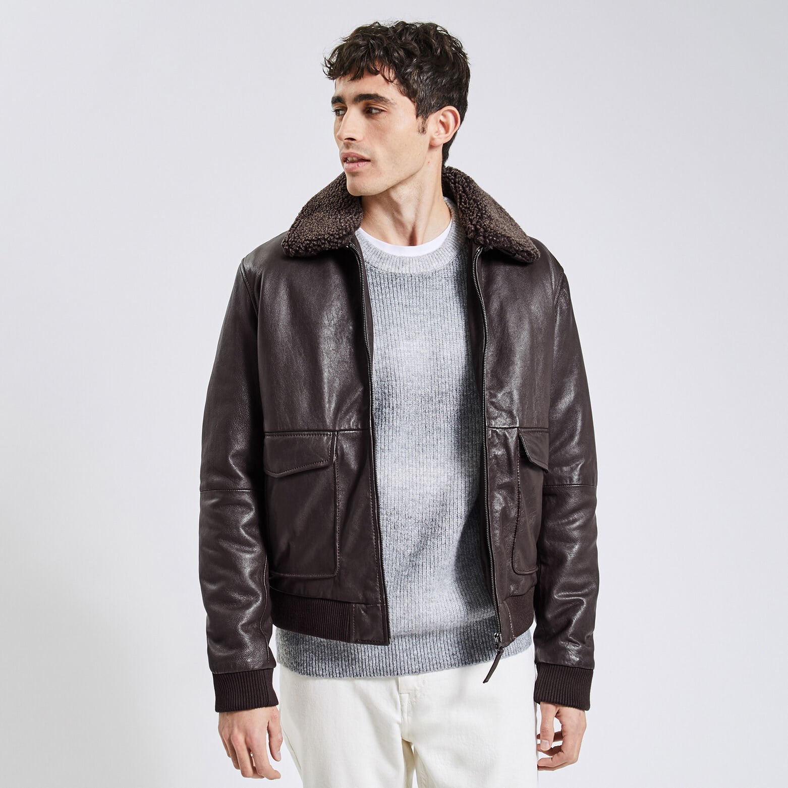 Blouson en cuir col moutonné amovible Marron