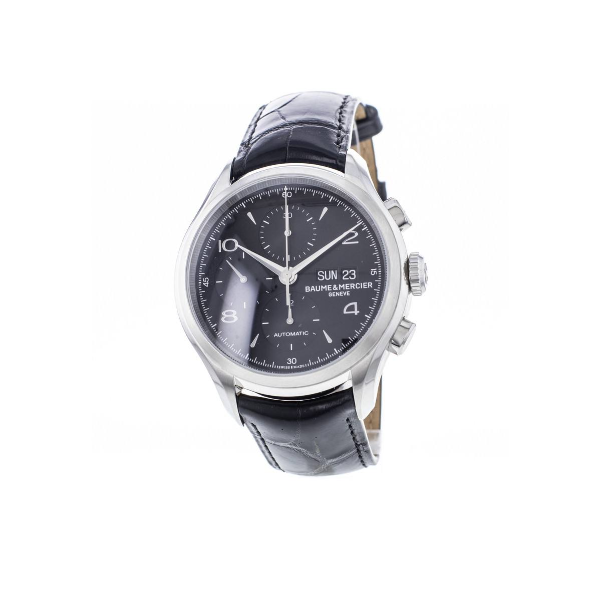 Montre d'occasion Baume & Mercier Clifton homme chronographe automatique acier bracelet cuir noir
