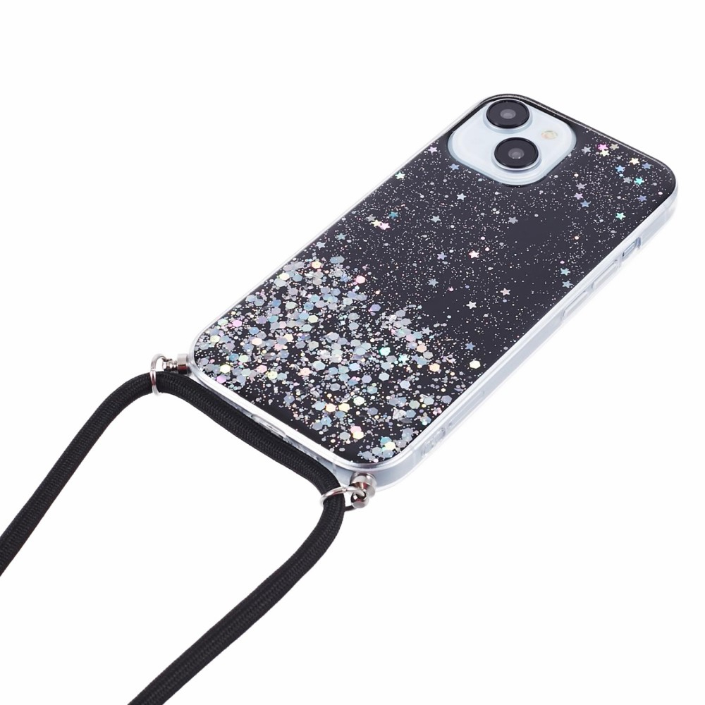 iPhone 15 Necklace Gummi Hülle im Glitzer Design   Handykette (140cm) - Schwarz / Transparent