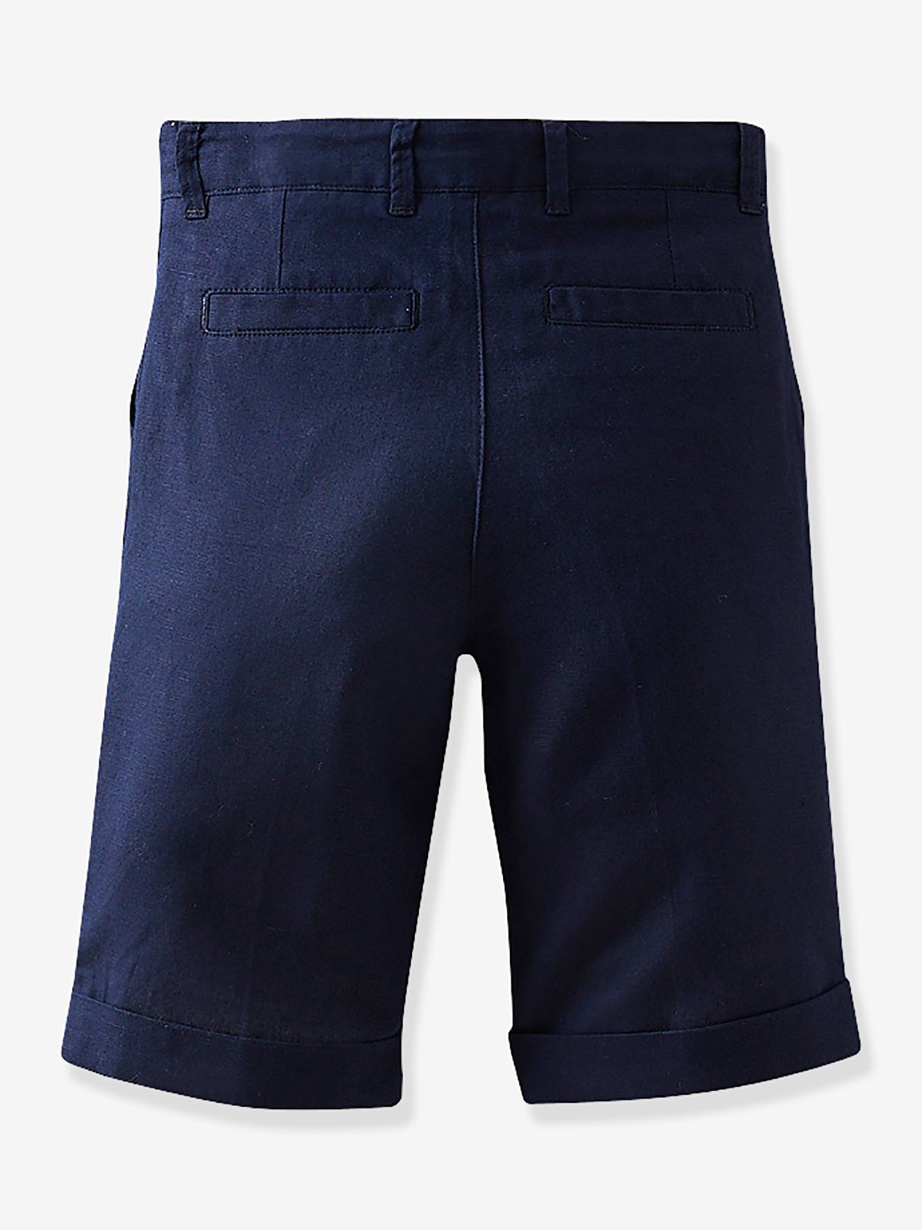 Bermuda formal infantil masculina CYRILLUS em linho/algodão, cor azul-marinho lisa.