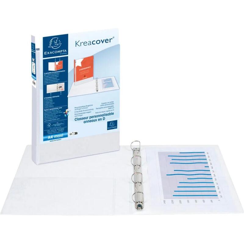 Classeur 4 anneaux plastifié Exacompta Kreacover personnalisable A4 maxi - Dos 9 cm blanc