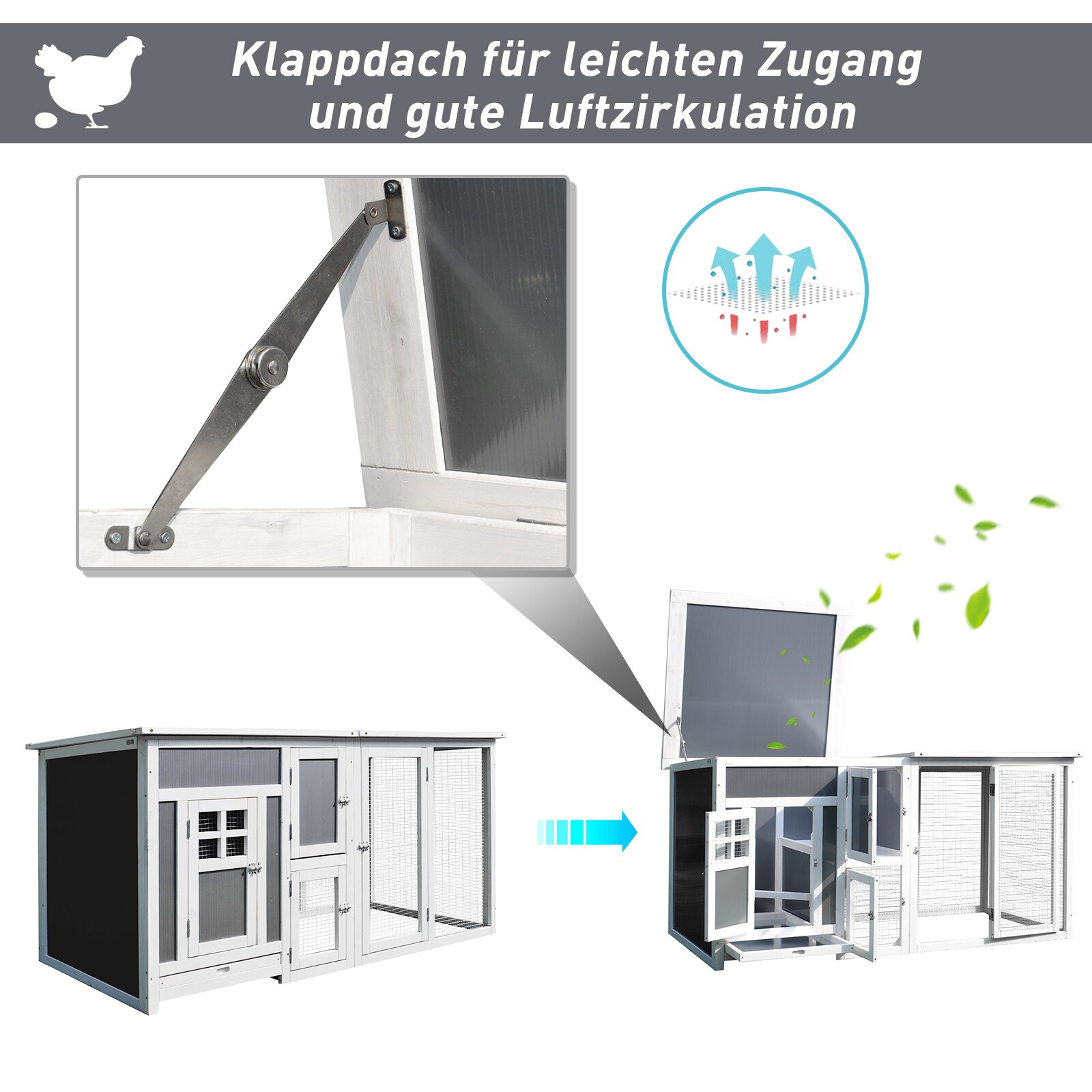 PawHut Hühnerstall für 2-4 Hühner grau, weiß 160 x 75 x 80 cm (BxTxH)