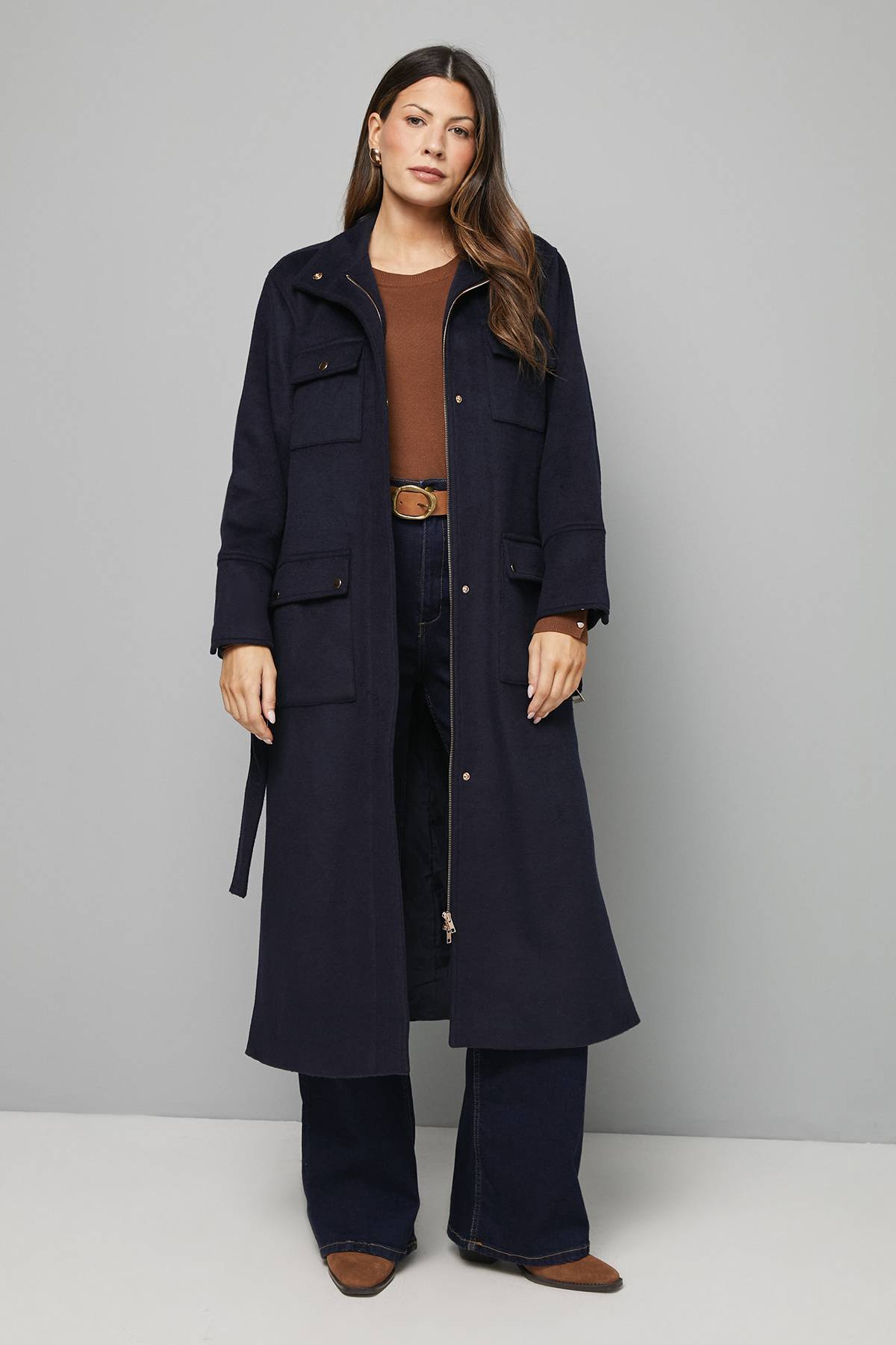 Wallis Manteau Militaire Ceinturé à Col Structuré avec Boutonnage