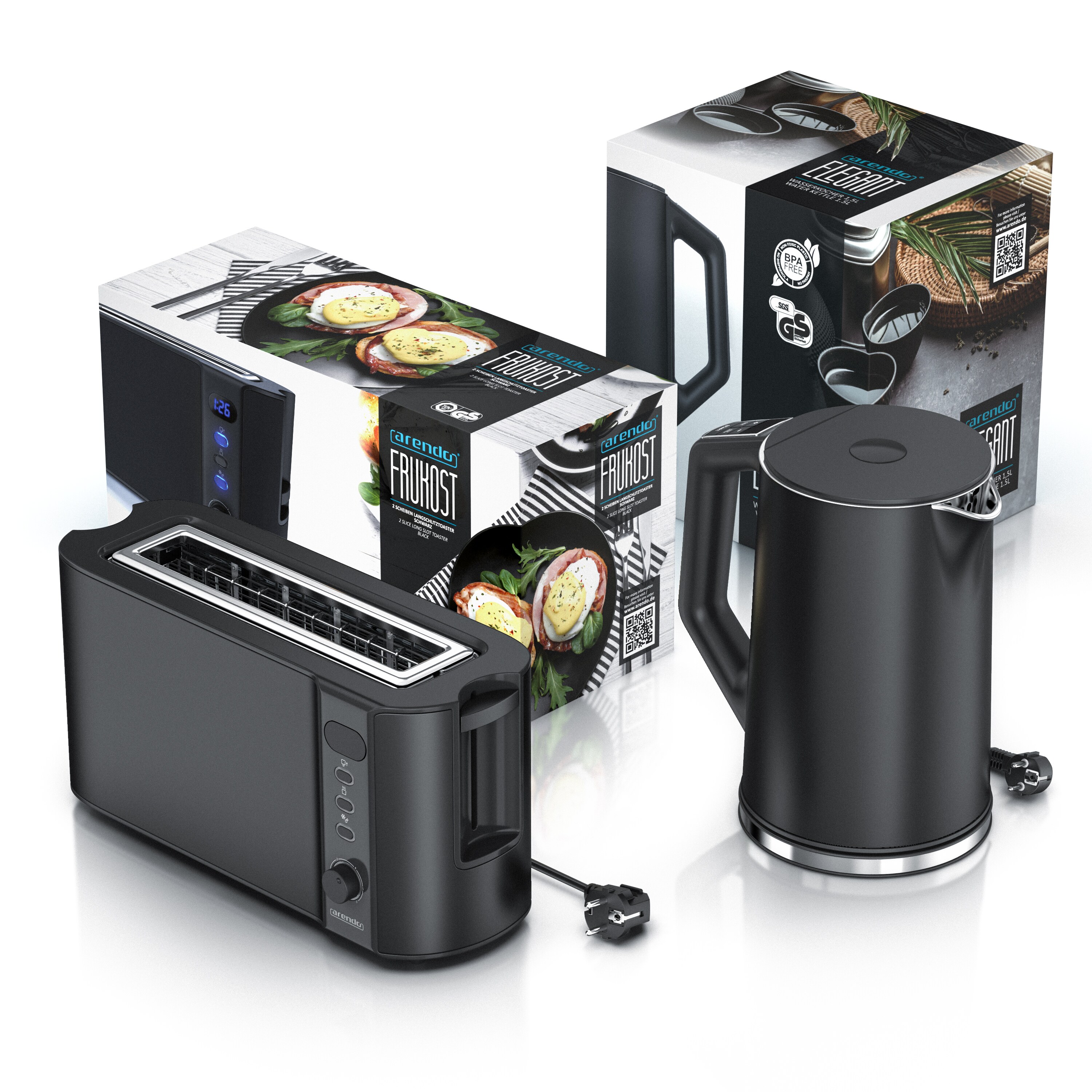 Arendo Frühstücksset, Wasserkocher mit Temperatureinstellung + Langschlitztoaster, Schwarz