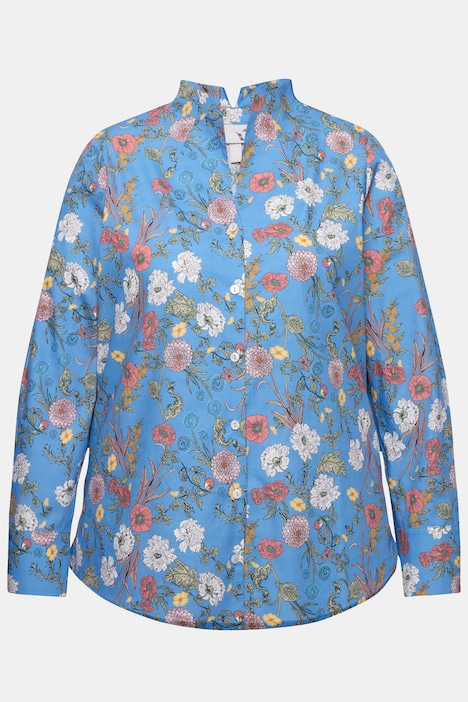 Bluse, Blüten, Kelchkragen, V-Ausschnitt, Langarm