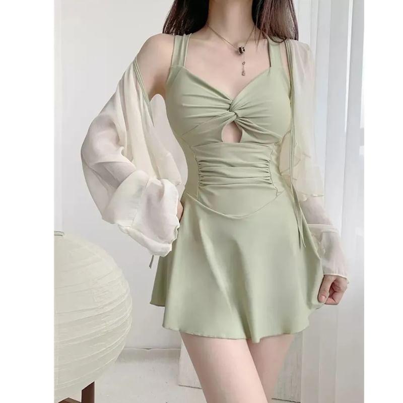 Kansen - Sweetheart Neck Plain Cutout Twist Swimdress / Plain Cover Up Jacket / Set