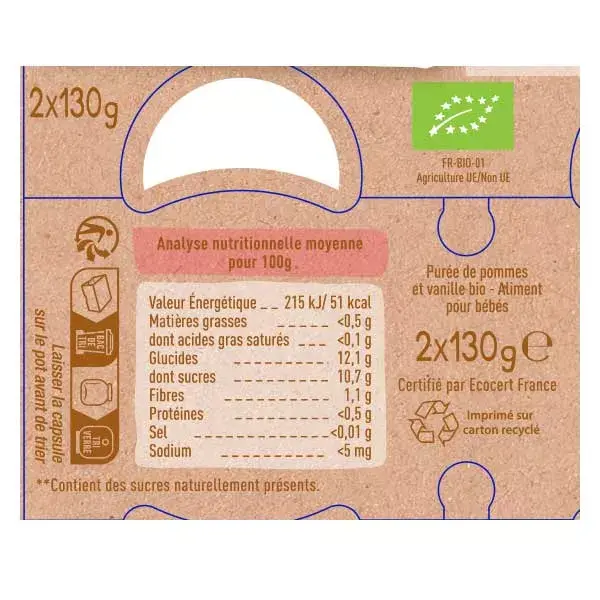 Babybio Frutas em Pote Maçã Baunilha +4m Orgânico 2 x 130g