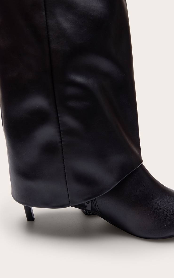 Noir Botte Haute À Talon En Daim Avec Revers Au-dessus Du Genou