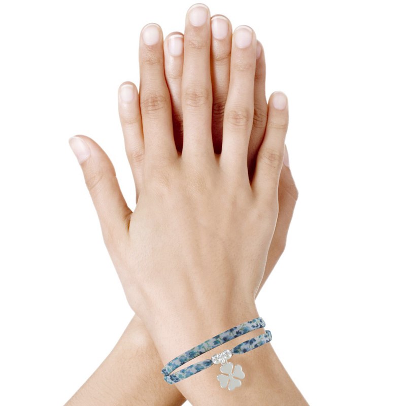 Bracelet Double Tour Lien Liberty et Trèfle Argent - Colors - Azur