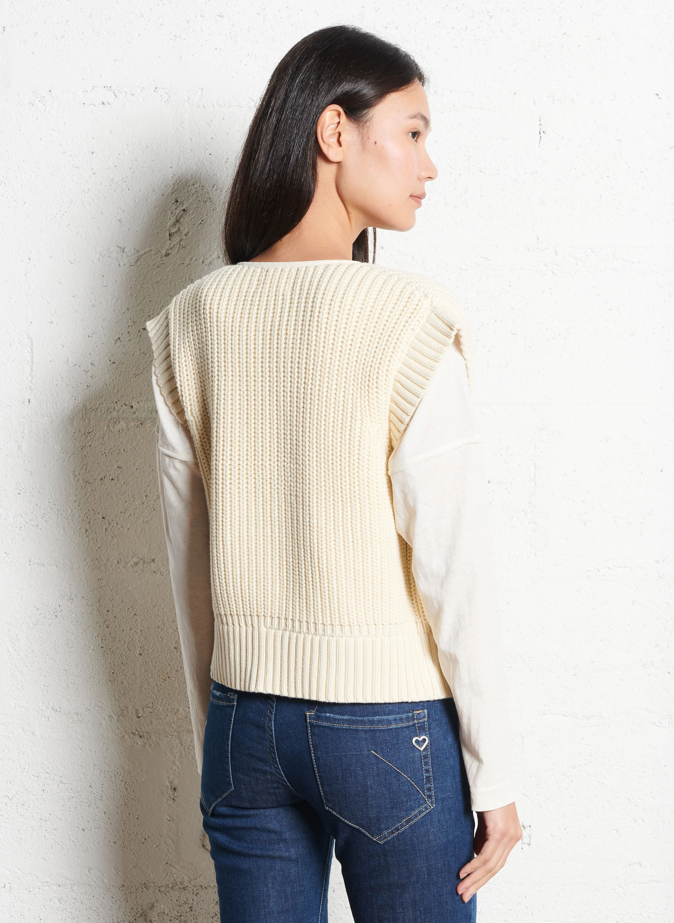 LAURENA - Gilet col rond en coton melangé | Blanc